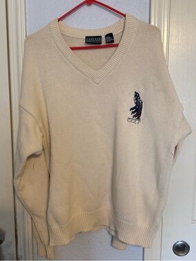 Cream V-Neck Golf Sweater with Embroidered Logo